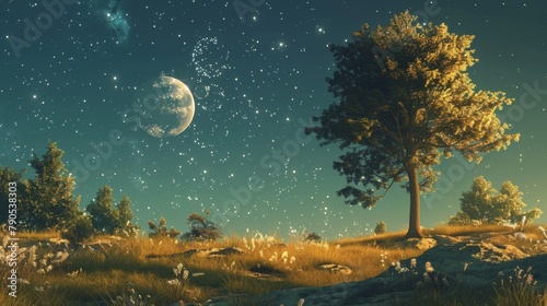 A beautiful landscape with a large tree in the foreground, a full moon in the background, and a starry night sky. photo