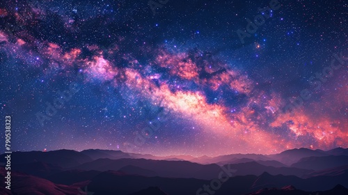 A beautiful landscape of a starry night sky with vibrant red  blue  and purple colors.