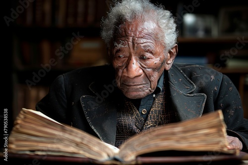Intense portrait of a pensive elderly man surrounded by old books.