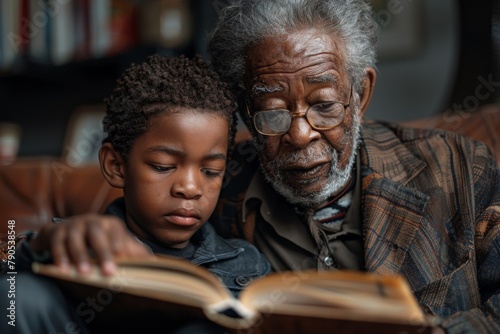 A young boy and his elderly grandfather engaged in reading a book together.