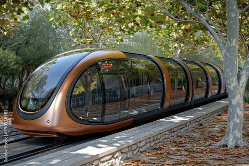 Futuristic public transportation system in an urban setting with reflective glass and sleek design.