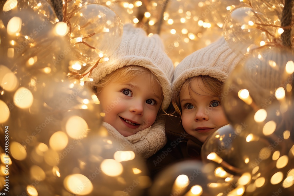 Twinkling Lights Wonderland: Children in sparkly outfits surrounded by Christmas lights. Twinkling Lights Wonderland: Children in sparkly outfits surrounded by Christmas lights.
