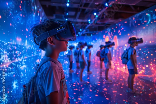 Wallpaper Mural Children immersed in a futuristic virtual reality experience with vibrant blue lights. Torontodigital.ca