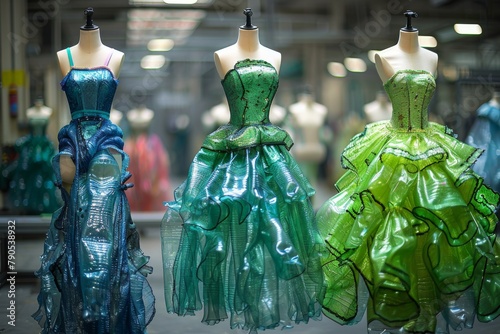 Three mannequins display innovative dresses made from green and blue plastic bottles.