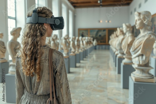 A visitor experiencing virtual reality at a museum, surrounded by classical sculptures.