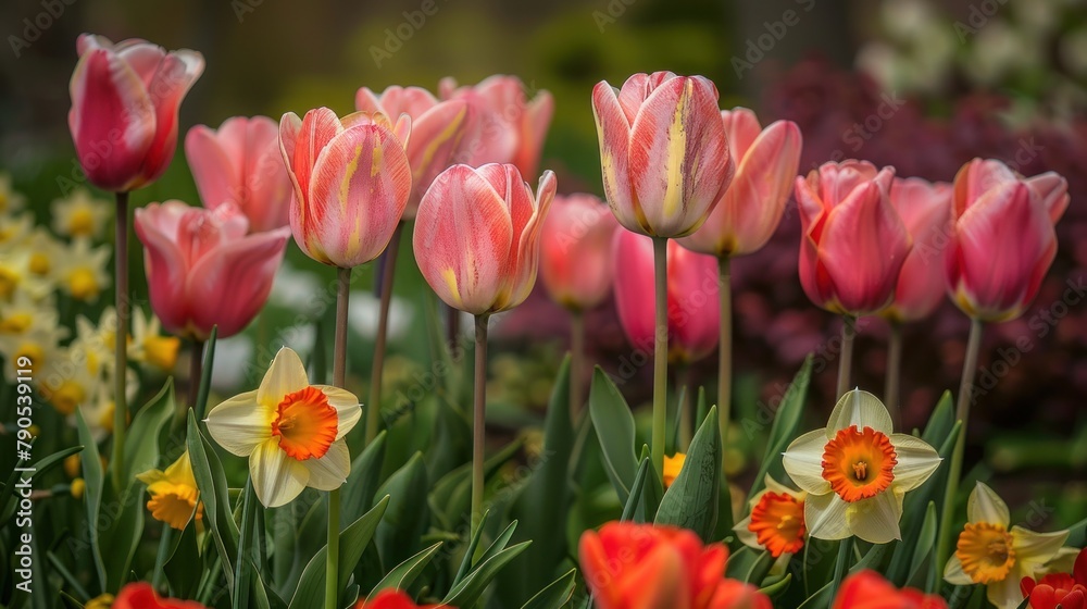Realistic Professional Photograph, a harmonious blend of tulips and daffodils in a meticulously planned garden in Macomb, 