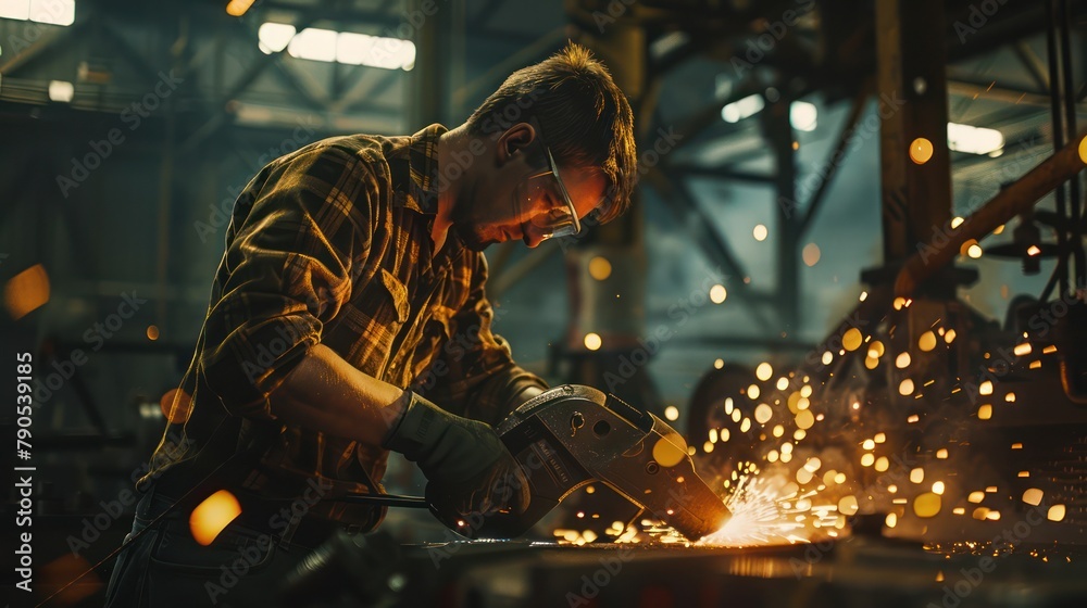 A Worker in heavy industrial engineering factory interior with worker using angle grinder and cutting metal photorealistic studio lighting. A Worker in heavy industrial engineering factory interior with worker using angle grinder and cutting metal photorealistic studio lighting.
