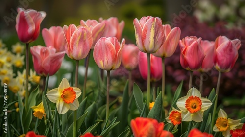 Realistic Professional Photograph  a harmonious blend of tulips and daffodils in a meticulously planned garden in Macomb  