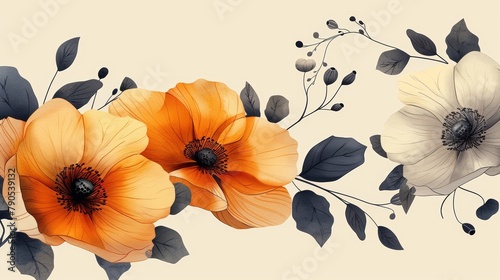 A watercolor painting of orange and white poppies with black stems and leaves on a beige background.