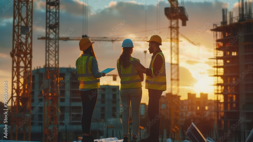 Team of architects using tablets and standing to read blueprints at construction site, designers and engineers building, civil and steel structures.