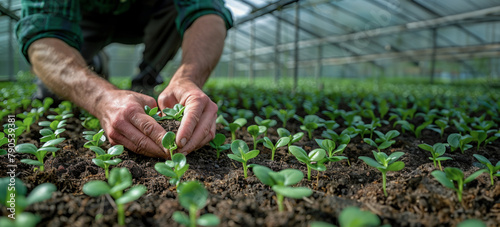 Overhead view of a farmer's hands interlocking with soil amidst emerging seedlings in a greenhouse,, depicting a bond between human and earth, sunlight diffusing softly through the glass roof .