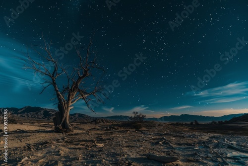 Starry Night Over Barren Tree and Desert Landscape