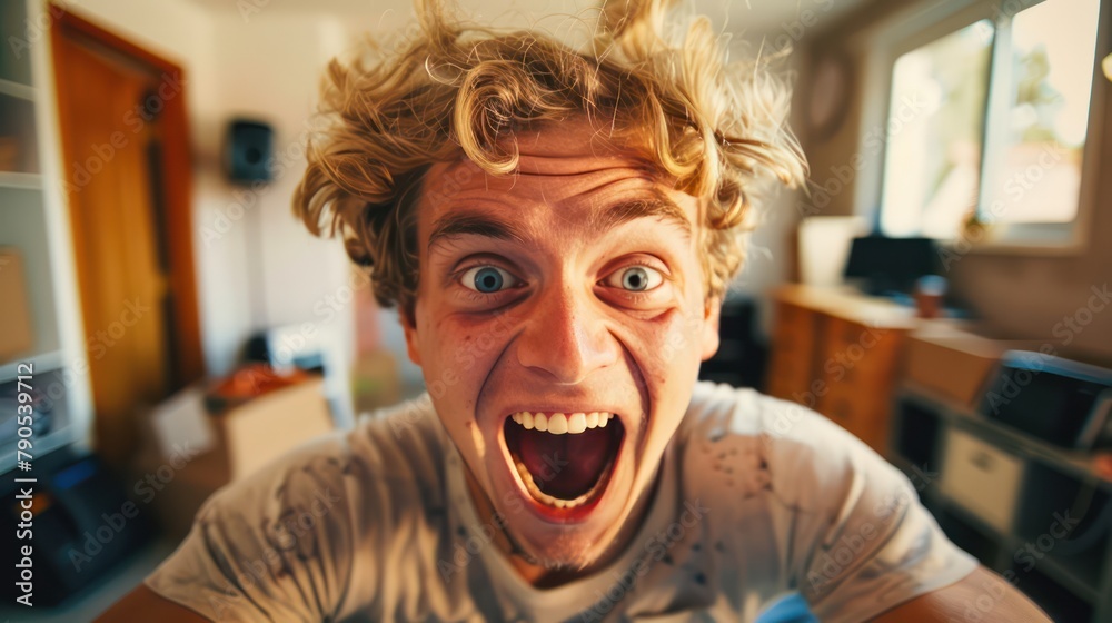 A young blonde celebrates the thrill of success with his crazy and surprised reaction to his small business's e-commerce victory. A young blonde celebrates the thrill of success with his crazy and surprised reaction to his small business's e-commerce victory.
