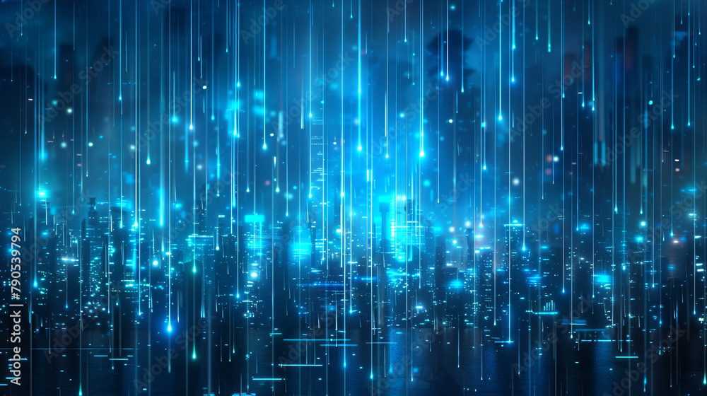 A detailed image of blue, glowing digital rain against a dark, cyber-inspired cityscape background, representing the constant flow of information through the internet.