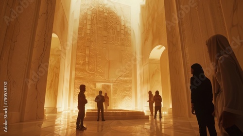 scene where a group of explorers stumble upon a hidden chamber filled with marble carvings depicting elaborate DMT-inspired patterns,   photo