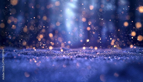 A deep indigo and frost abstract backdrop  where bokeh lights resemble the quiet beauty of a snowy night in a secluded forest. The mood is peaceful and introspective.