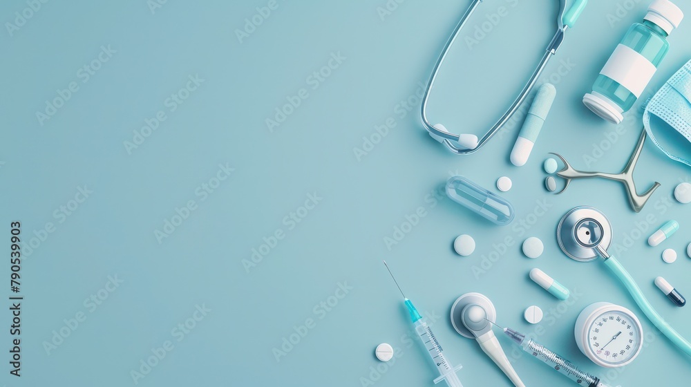 Top view with copy space of medical equipment, stethoscope, syringes, pills and scissors on edge on light blue banner background. Top view with copy space of medical equipment, stethoscope, syringes, pills and scissors on edge on light blue banner background.