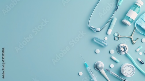 Top view with copy space of medical equipment  stethoscope  syringes  pills and scissors on edge on light blue banner background.