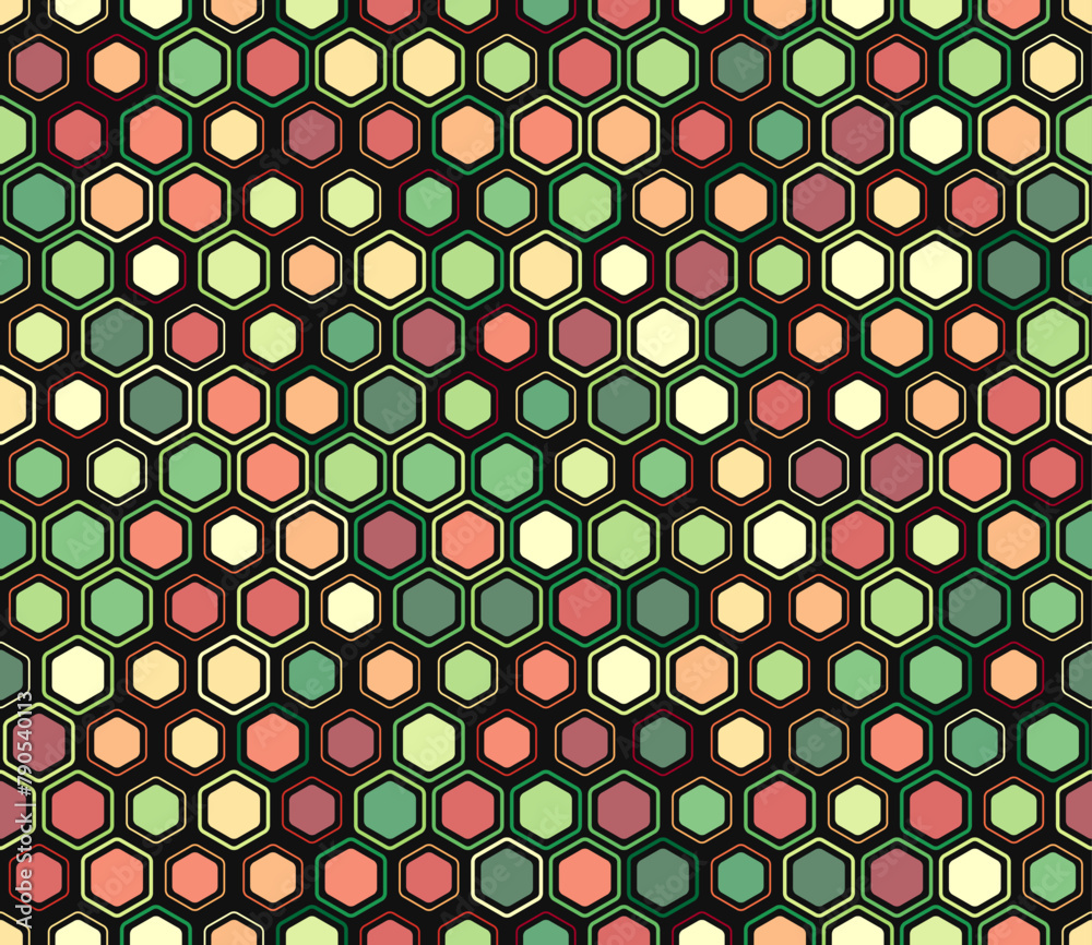 Vector seamless pattern featuring geometric elements of varied styles and colors. Hexagon cells in a tileable pattern. Stylish vector illustration. Vector seamless pattern featuring geometric elements of varied styles and colors. Hexagon cells in a tileable pattern. Stylish vector illustration.