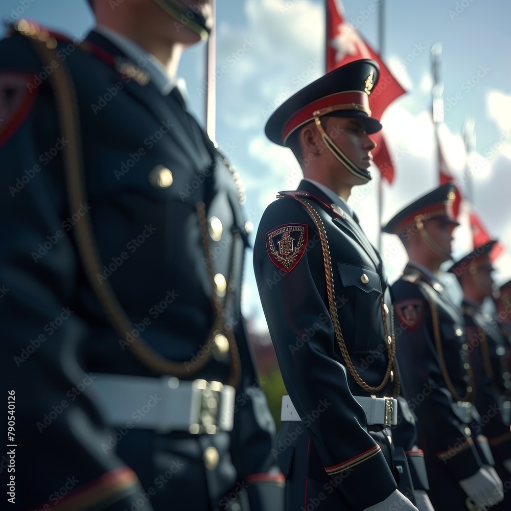 Formal military parade with officers in uniform under national flags Formal military parade with officers in uniform under national flags