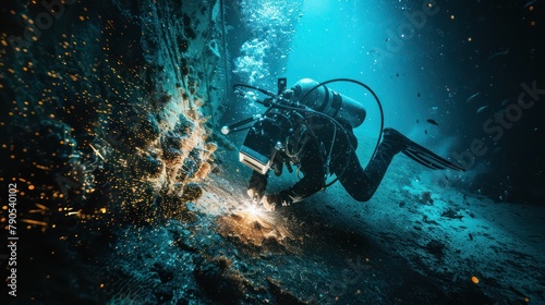 Underwater welders working at Sparks turn on lights on the seabed to repair submerged structures. Underwater welding by professional divers