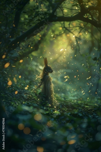 Enchanted forest scene with anthropomorphic rabbit in a dress among illuminated foliage