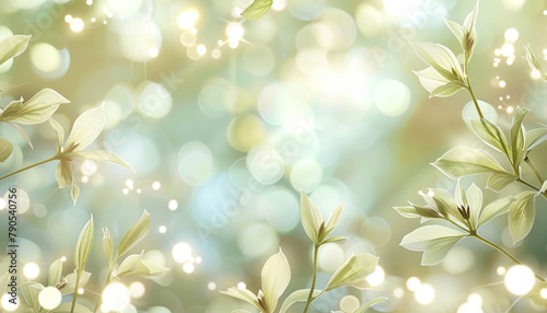 A soft pistachio and ivory abstract scene, with bokeh lights that evoke the delicate balance of new leaves unfurling at the first hint of spring. The atmosphere is hopeful and renewing.
