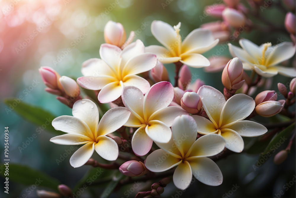 Frangipani flowers with soft blurred background and copy space, floral summer and spring wallpaper