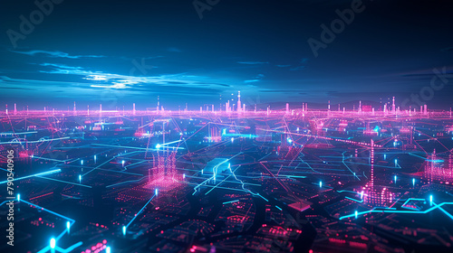 A vast digital landscape illuminated by a network of interconnected neon nodes and low poly structures, showcasing the expanse of future communication networks.