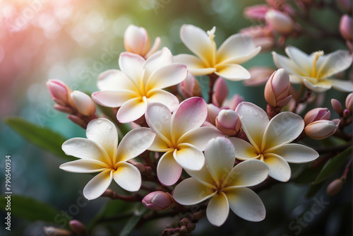 Frangipani flowers with soft blurred background and copy space  floral summer and spring wallpaper