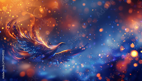 A vibrant ultramarine and sienna abstract scene, with bokeh lights that dance like the fierce beauty of a phoenix rising from its ashes. The atmosphere is powerful and renewing. photo
