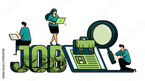 illustration of hiring with the words JOB in 3d and briefcase that coming out from laptop. metaphor for job applicants looking for job vacancies online
