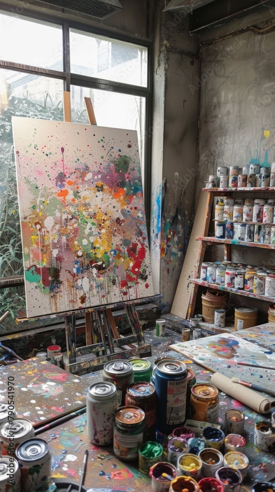 Painting supplies are on a table in a messy room. Art studio backgroud . Vertical background Painting supplies are on a table in a messy room. Art studio backgroud . Vertical background