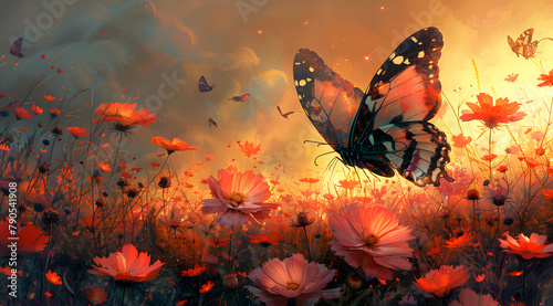 Enchanted Realm: Giant Butterflies Carry Miniature Dragons Over Radiant Flowers photo
