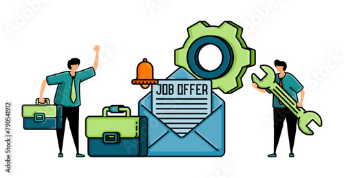 illustration of hiring with the words JOB OFFER and people get or read job offers via email notifications for vocational engineering and office jobs
