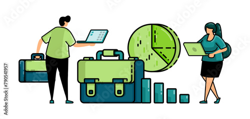 illustration of hiring with the prospective employees analyze charts at meetings and briefcase