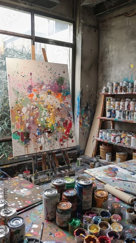 Painting supplies are on a table in a messy room. Art studio backgroud . Vertical background 