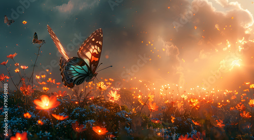 Whimsical Wonderland: Giant Butterflies and Tiny Dragons Dance Among Glowing Flowers photo