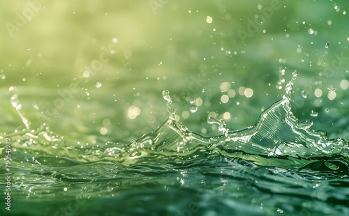 An abstract blurred green transparent calm water surface texture with splashing