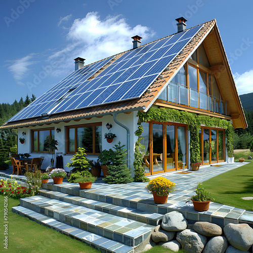 Einfamilienhaus mit Solarpaneelen, auf dem Dach, made by AI photo