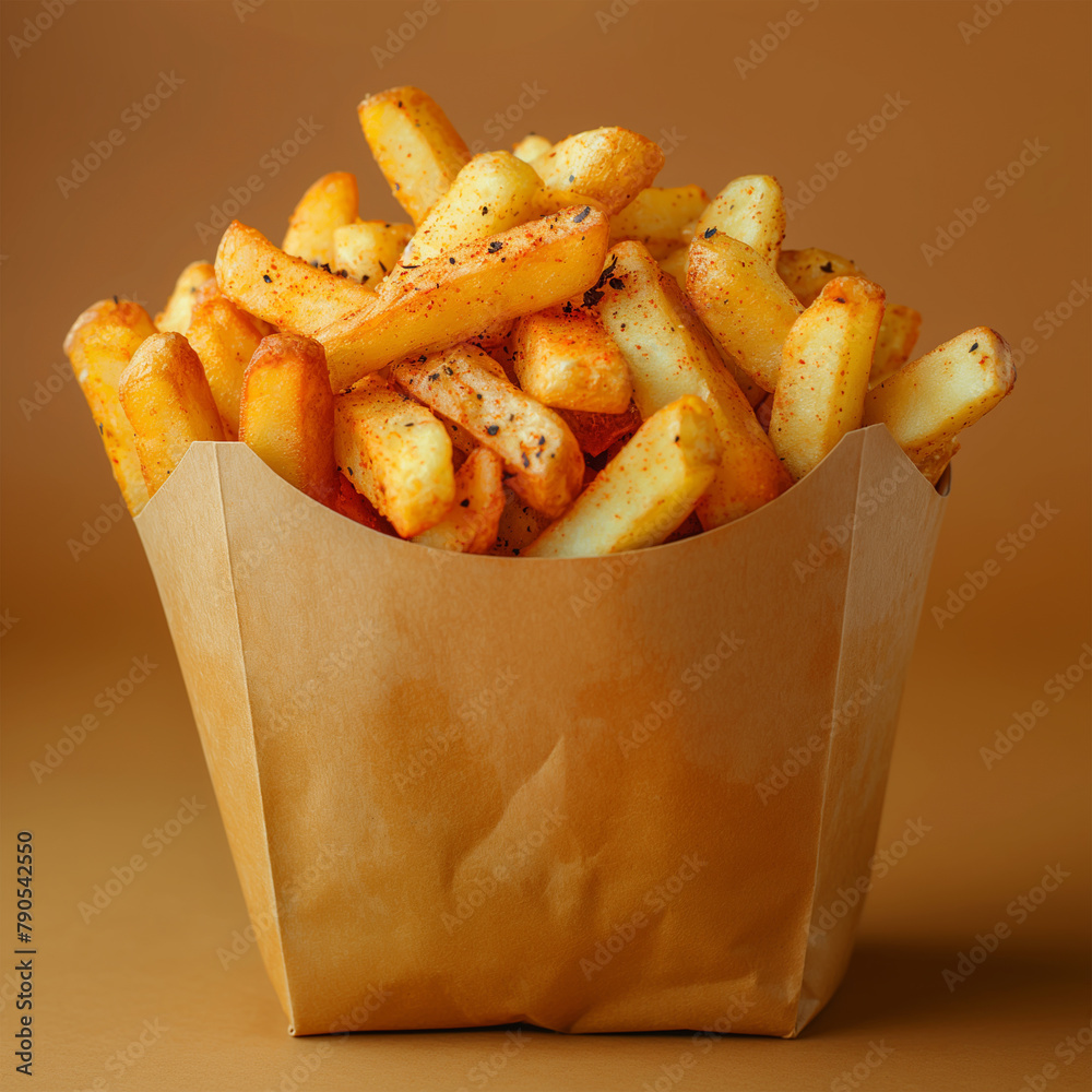 Disposable Paper bag of fast food photo. Shop pack fries. Generate Ai ai technology