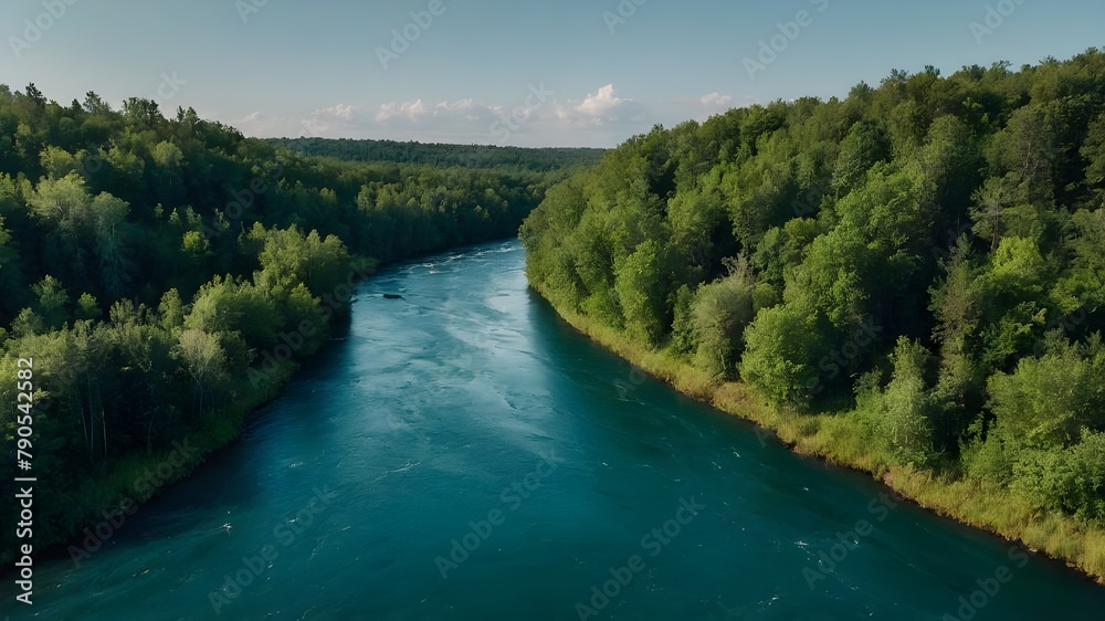 River Flowing Through a Lush Green Forest, Cascading Waterfall in a Scenic Forest Landscape, Stream and Rocks in a Verdant Forest Setting, Exploring Rivers and Streams in a Green Woodland, Flowing Riv