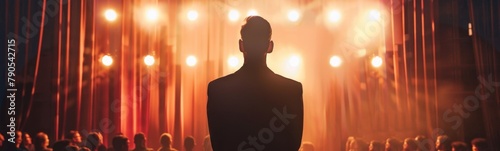Someone is standing in front of a stage with a curtain. Magician concept background . Banner