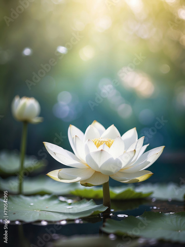 water lily in the pond, white lotus in a golden magic pond, generative ai