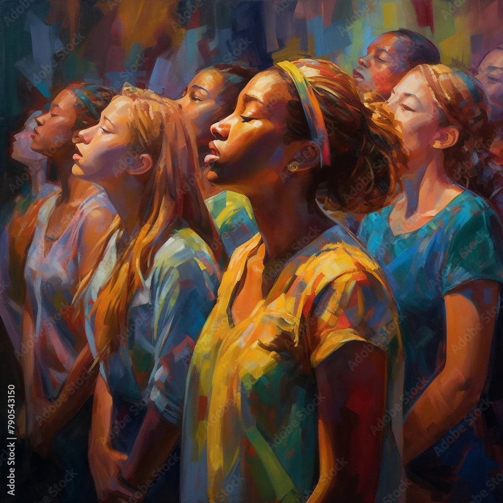 A Painting of a Diverse Group of Teenage Boys and Girls Standing Together With Their Eyes Closed in Prayer