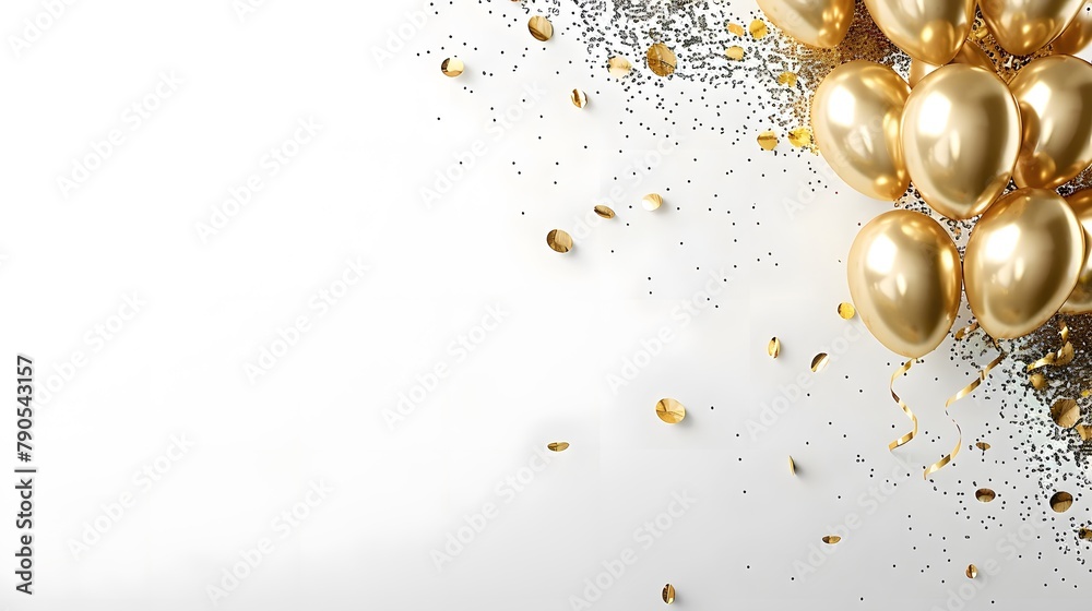 Gold fireworks abstract background, with shiny falling confetti and balloon on a white background. Party and celebration space for copy on the left. For Festivals, holidays, Design, Background, Cover, Gold fireworks abstract background, with shiny falling confetti and balloon on a white background. Party and celebration space for copy on the left. For Festivals, holidays, Design, Background, Cover,
