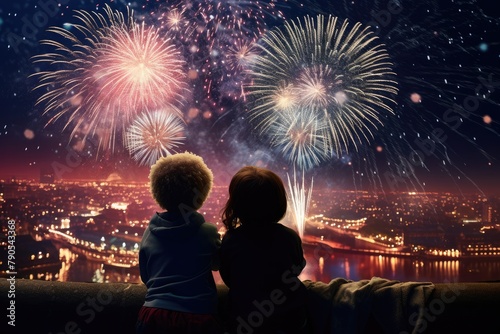 Festive Fireworks Extravaganza: Kids in sparkly outfits watching a dazzling fireworks display.