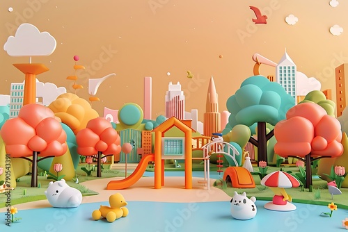 : A 3D logo for a pet care brand, showcasing a playful scene of a park with bright colors, inviting pet owners to imagine their pets' joy.