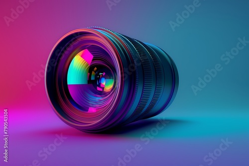 : A 3D logo for a photography studio, featuring a camera lens with a colorful spectrum that invites viewers to imagine the world through different perspectives. #790543504