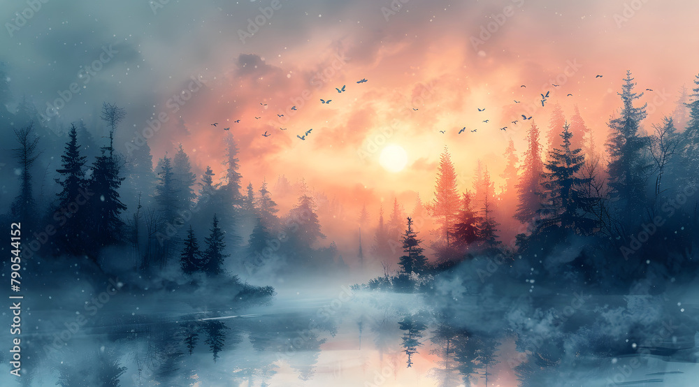 Winter Whispers: Watercolor Dawn Awakens Frosted Forest with Butterfly Ballet